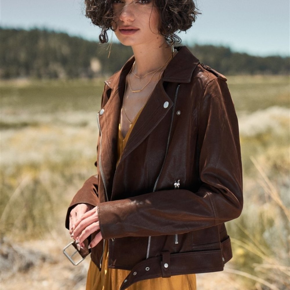Brown Faux Suede Edgy Belted Hem Biker Jacket